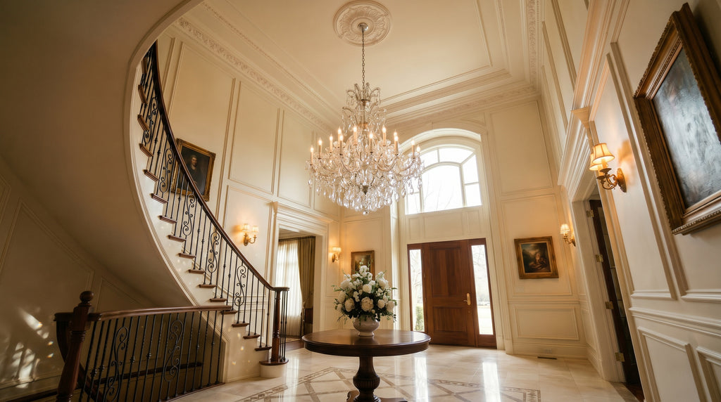 Silver Maria Theresa Empress crystal chandelier in grand foyer with curved staircase