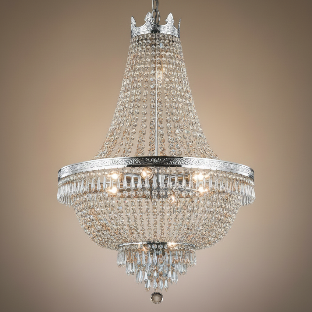 French Empire Crystal Chandelier Silver Finish H30" X W24"