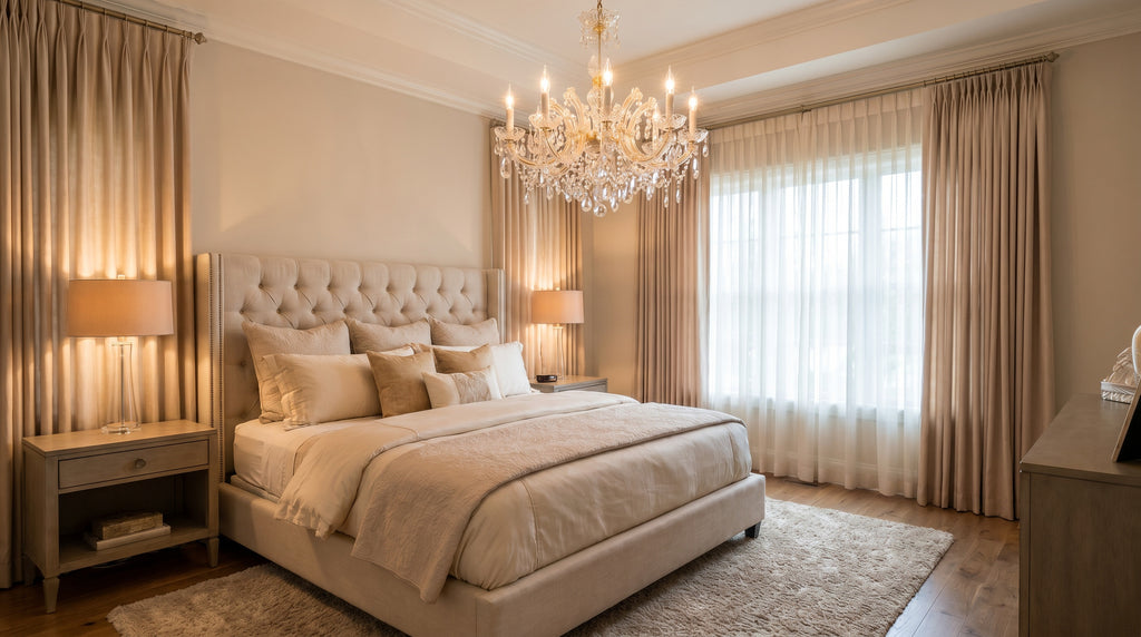 Maria Theresa gold crystal chandelier in elegant bedroom