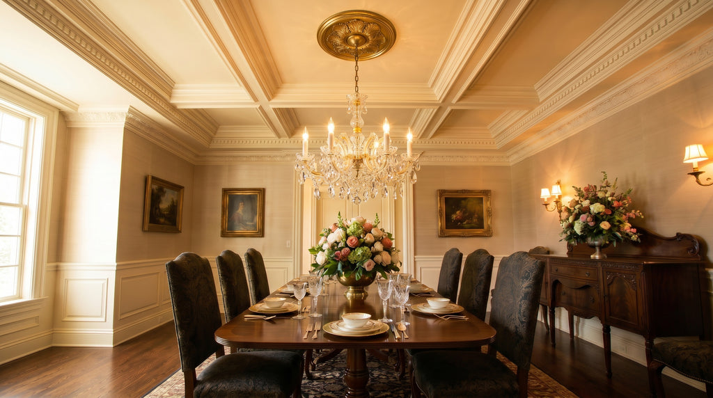 Maria Theresa gold crystal chandelier in formal dining room