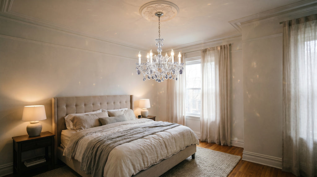 Maria Theresa silver crystal chandelier in elegant bedroom
