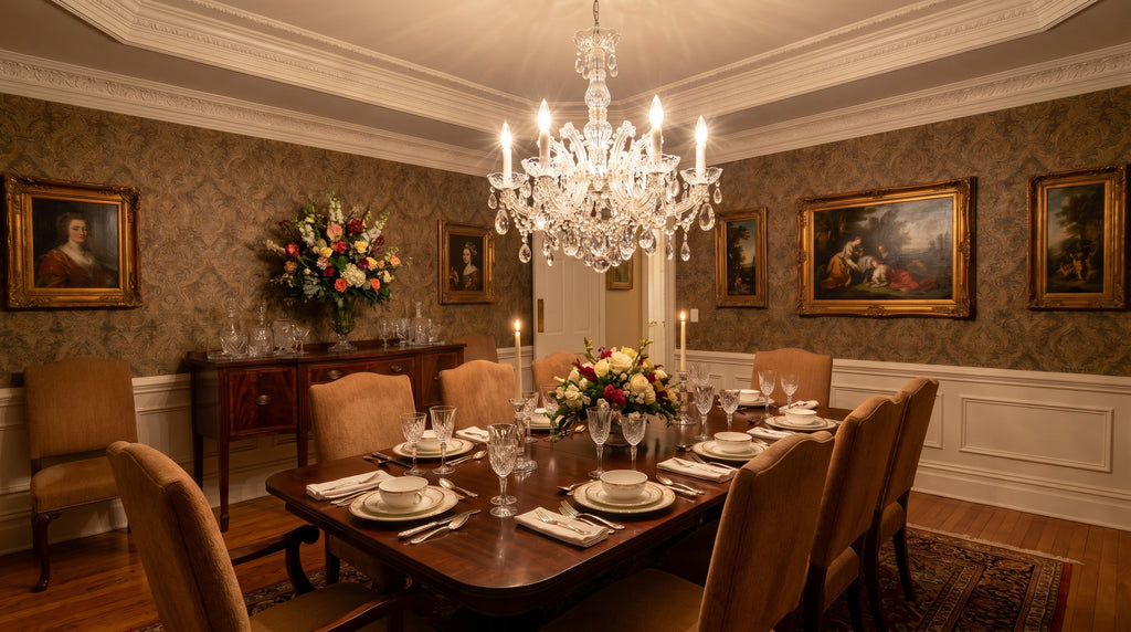 Maria Theresa silver crystal chandelier in formal dining room