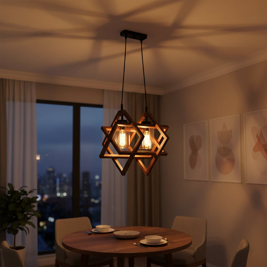 Adjustable Height Wooden Frame 2-Light Geometric Chandelier