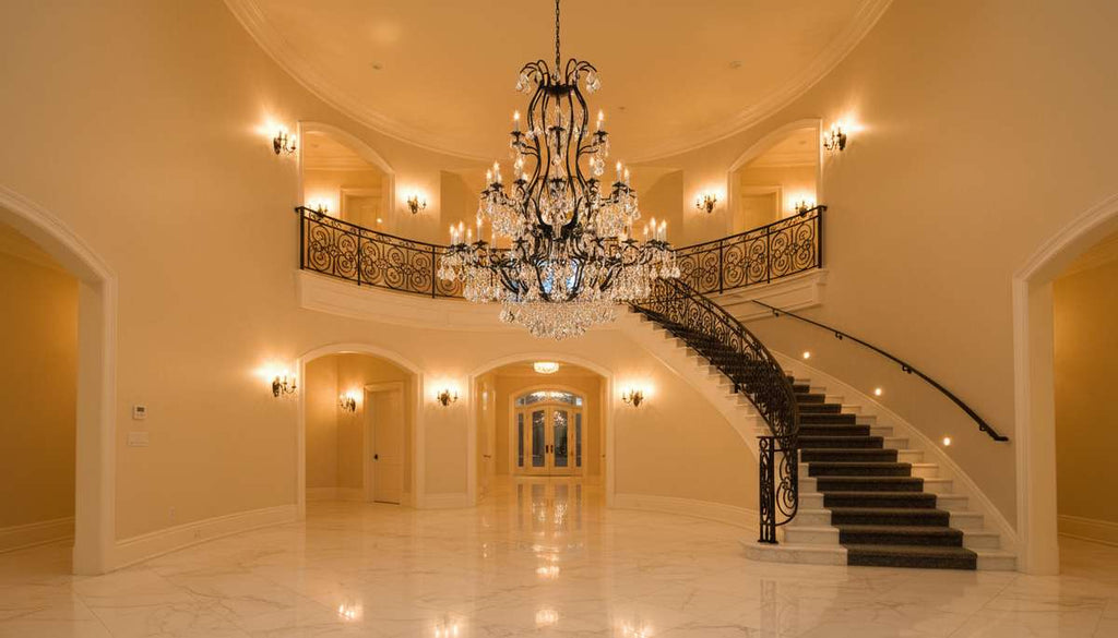 Large Foyer Wrought Iron Chandelier in Elegant Room Setting