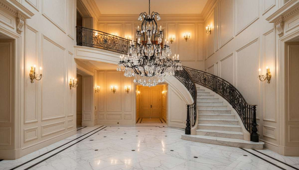 Large Foyer Wrought Iron Chandelier in Elegant Room Setting