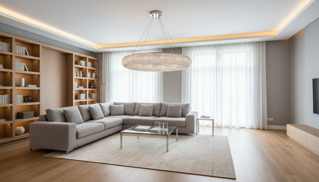Crystal Halo Orb Chandelier 60 inch in Modern Living Room