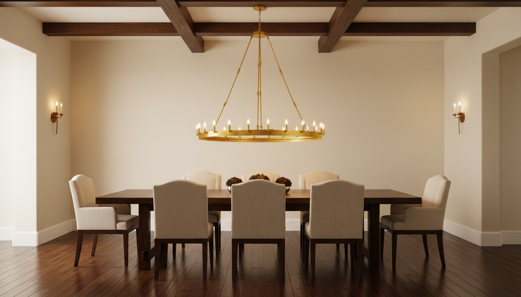 Camino One-Tier Wagon Wheel Chandelier in Rustic Dining Room