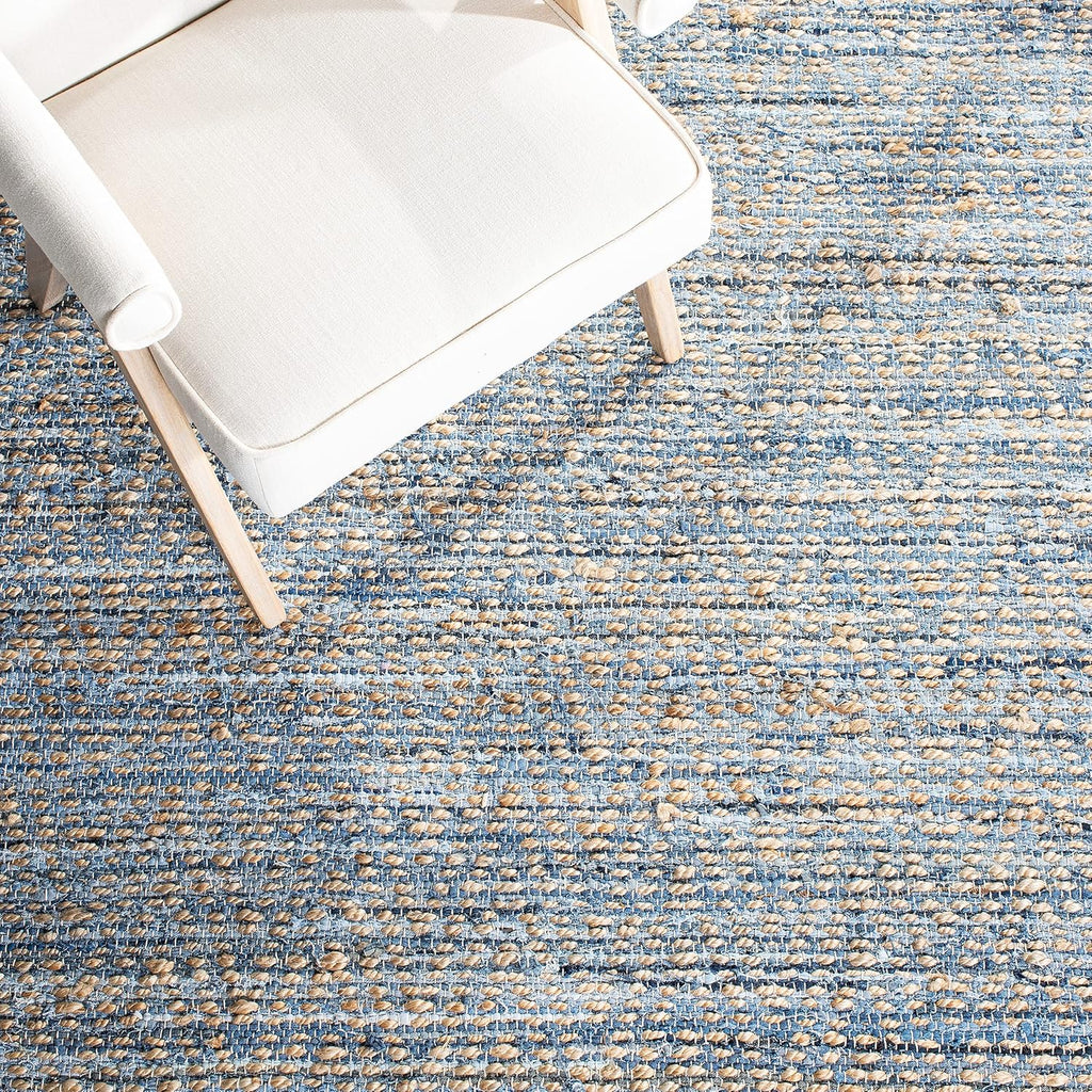 Area Rug 8x10 - Cape Cod Collection - Large - Natural & Blue, Handmade Flat Weave Braided Jute, Ideal , Dining Space