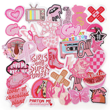 Preppy Iron on Patches for Girls: 35PCS Pink Applique