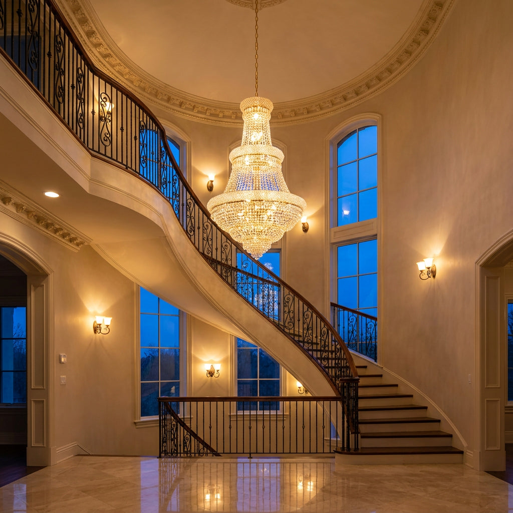 French Empire crystal chandelier in gold glowing at dusk in a grand two-story foyer