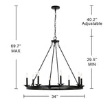 Casimir 8-Light 34" Antique Black Wagon Wheel Chandelier