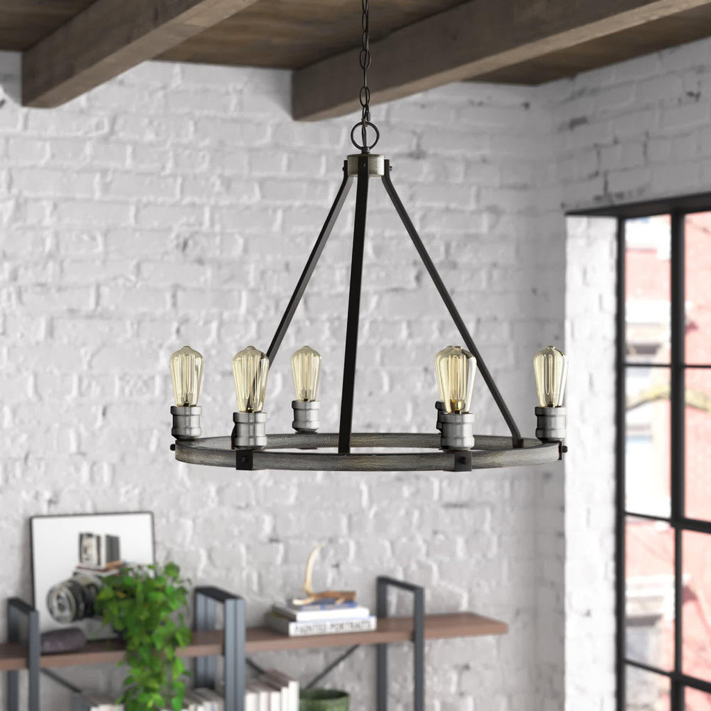 Charles 6-Light Steel Dimmable Wagon Wheel Chandelier