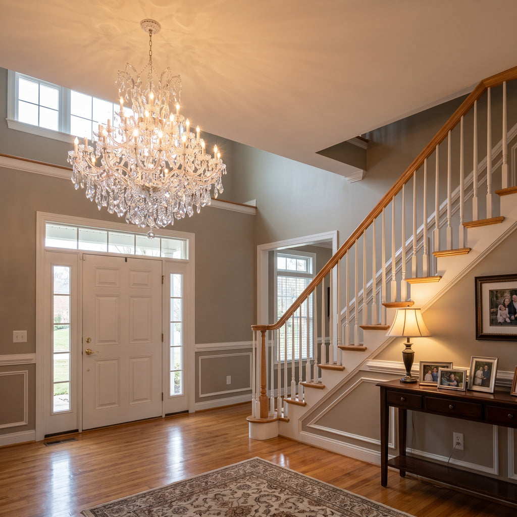 Maria Theresa crystal chandelier glowing in a real two-story home foyer with wooden staircase