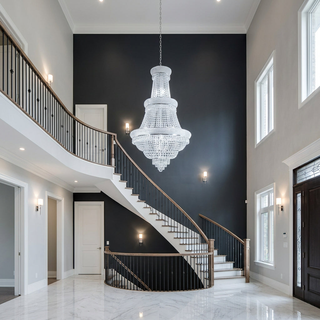 French Empire crystal chandelier in silver hanging high in a grand two-story foyer