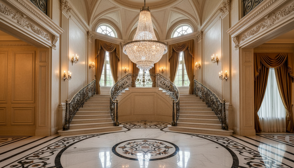 French Empire Silver Crystal Chandelier H36xW30 in Elegant Foyer