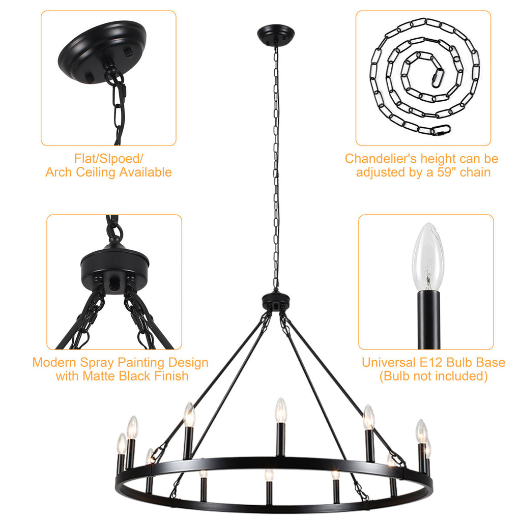 Dineen 12-Light 38" Wide Candle Style Dimmable Wagon Wheel Chandelier