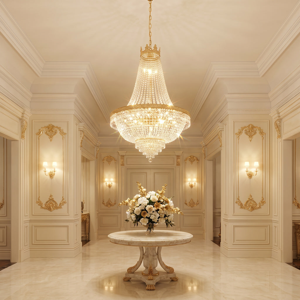 French Empire gold crystal chandelier in a luxury cream and gold foyer