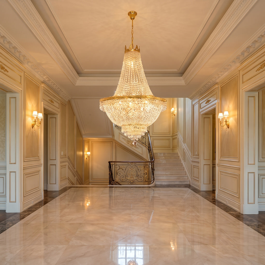 French Empire gold crystal chandelier at realistic scale in a luxury foyer with staircase