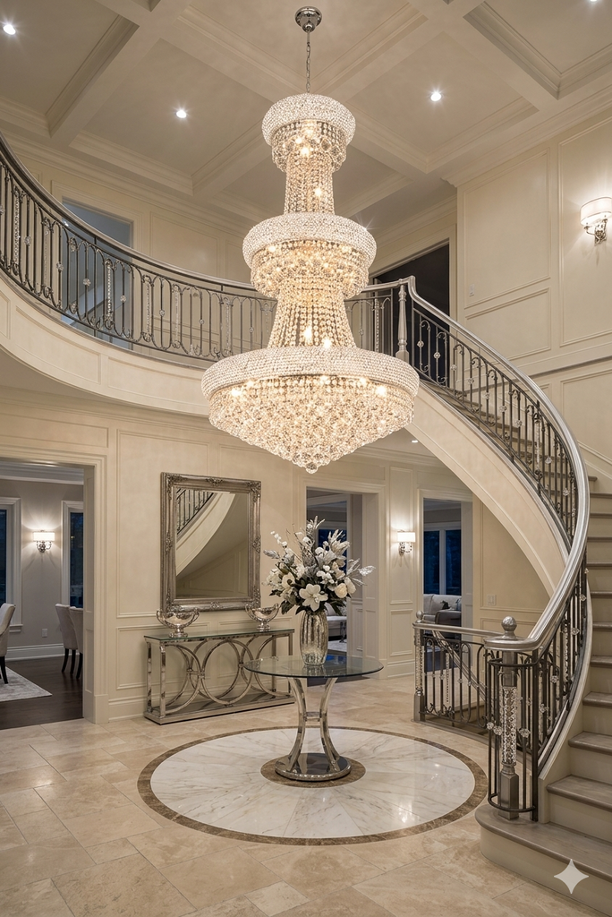 French Empire Crystal Chandelier Silver Finish H50" X W30" - Perfect for Entryway or Foyer