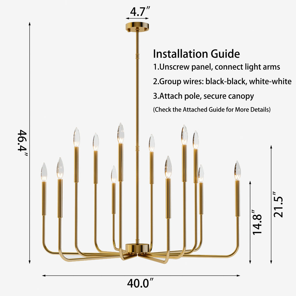 Jassel 12-Light 40"W Polished Brass Dimmable Classic Candle - Style Tradtional/Classic Chandelier for Dining Room or Kitchen