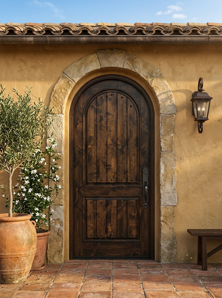 96-Inch Knotty Alder Entry Door — 2-Panel V-Grooved Circle Top, Solid Wood Exterior