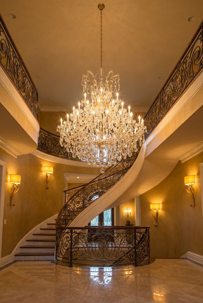 Large Foyer / Entryway Maria Theresa Empress Crystal Chandelier H60" W52" in Luxury Foyer with Spiral Staircase
