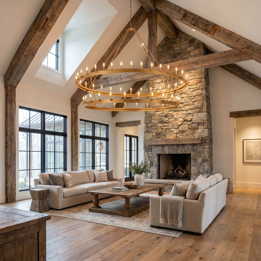 Camino two-tier wagon wheel brass chandelier at realistic scale in a vaulted great room
