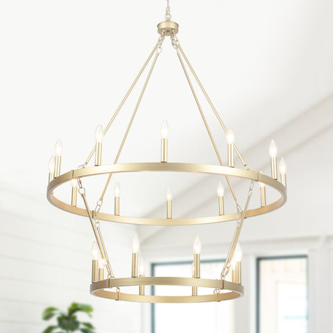 Wiam 40 in. 20 Light 2-Tiers Candle Style Dimmable Farmhouse Wagon Wheel Chandelier for Entryway Living Room Bedroom Foyer