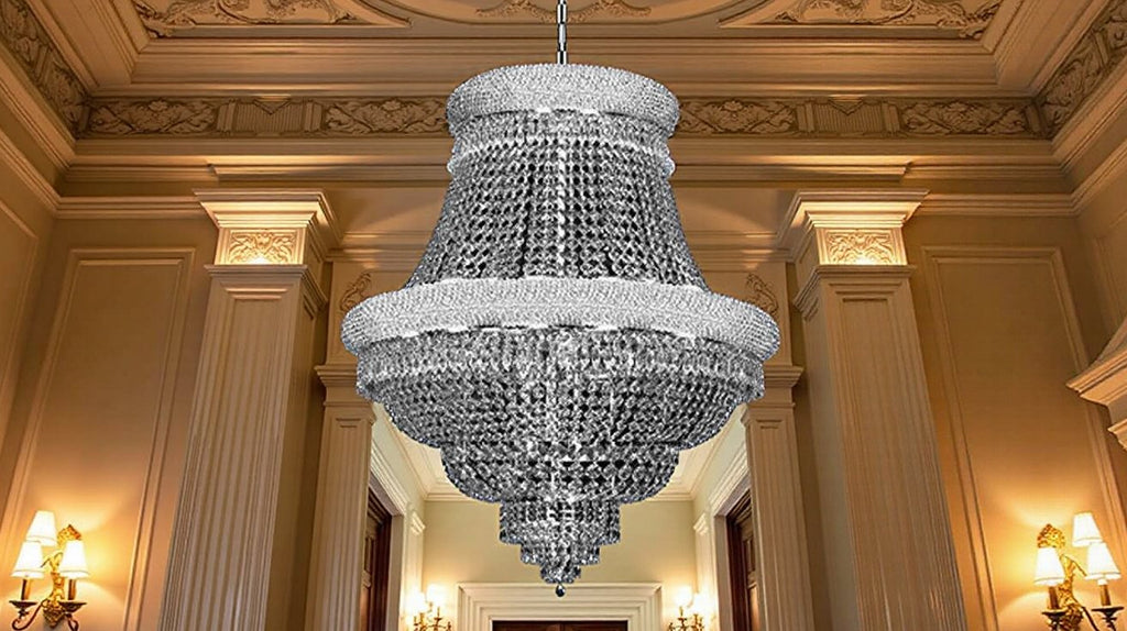 French Empire Silver Crystal Chandelier H33xW30 in Elegant Foyer