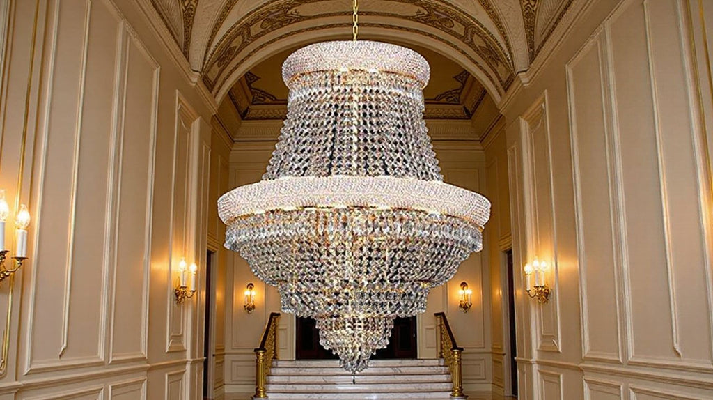 French Empire Gold Crystal Chandelier H33xW30 in Elegant Foyer