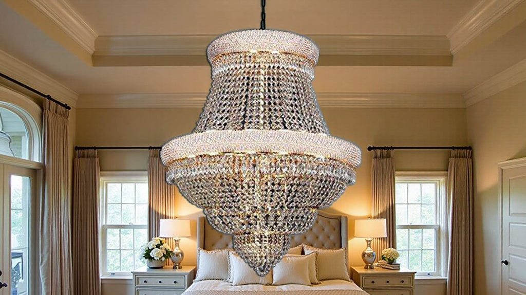 French Empire Gold Crystal Chandelier H33xW30 in Cozy Bedroom