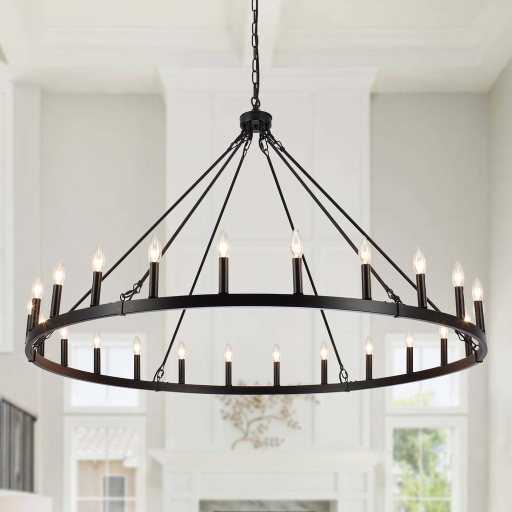 Yeraldine 24-Light Lagre Dimmable Wagon Wheel Chandelier Farmhouse Round Vintage Candle Style Light for Living Room, Foyer, Entryway