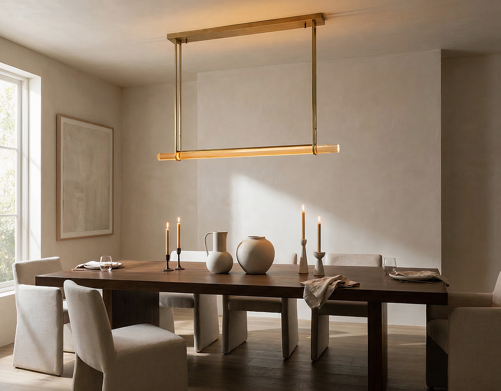 Inspired Audubon Style Crystal 1-Bar Linear Chandelier 60.5" - Lacquered Burnished Brass in Elegant Room