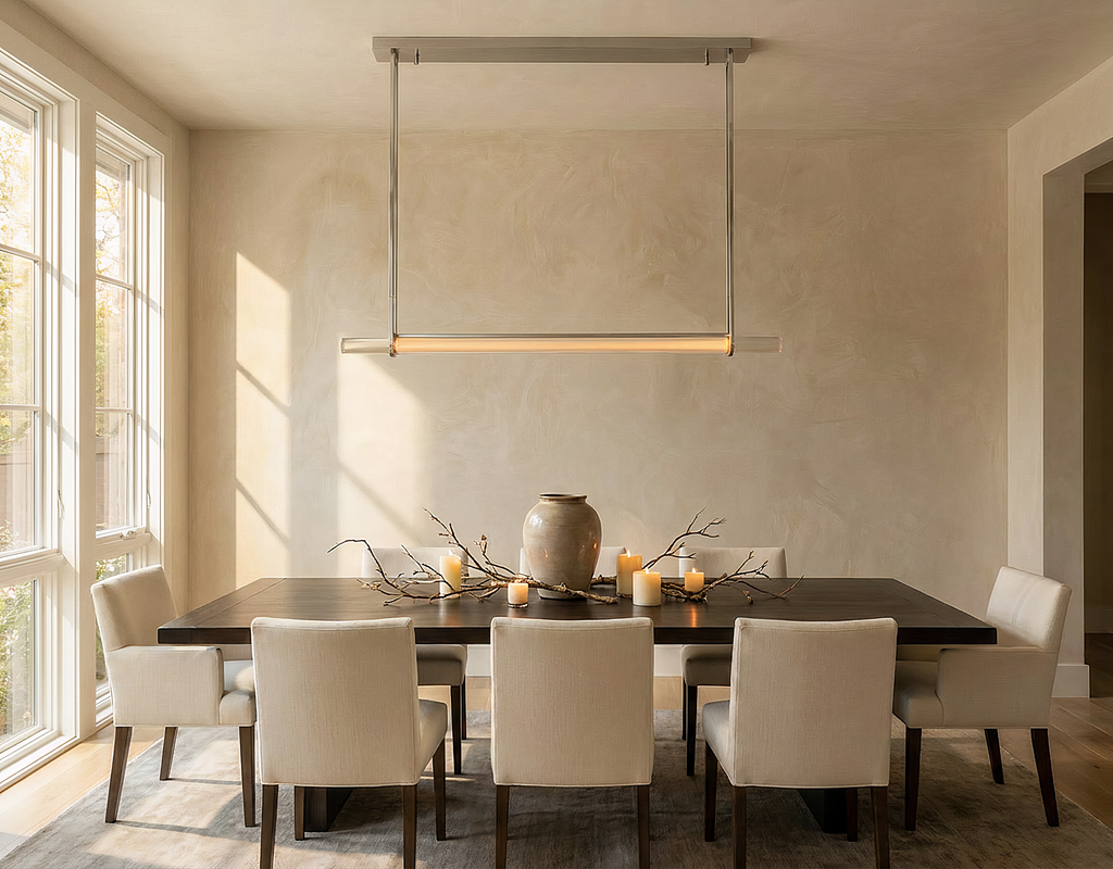 Inspired Audubon Style Crystal 1-Bar Linear Chandelier 60.5" - Polished Nickel in Elegant Room