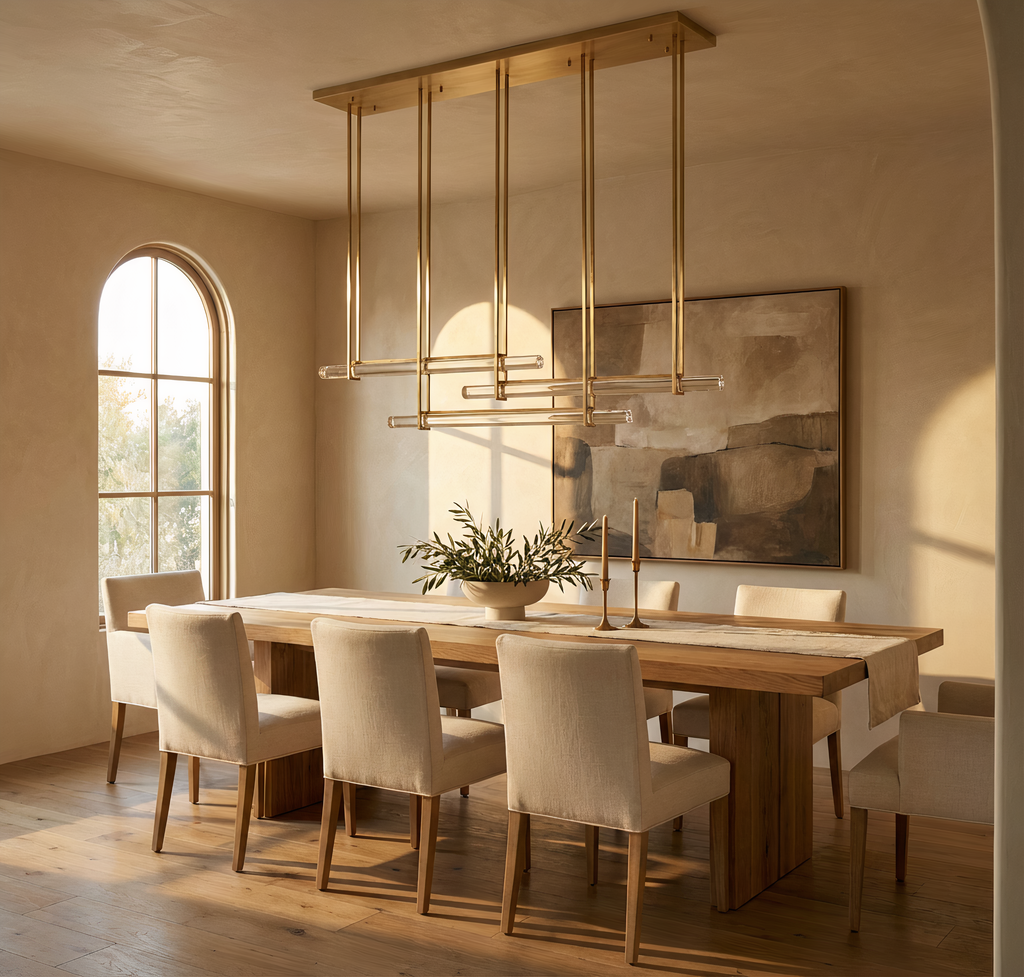 Inspired Audubon Style Crystal 3-Bar Linear Chandelier 60.5" - Lacquered Burnished Brass in Elegant Room