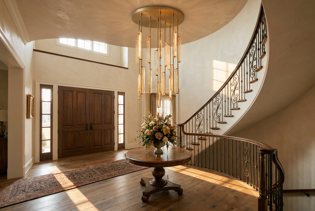 Inspired Audubon Style Crystal Round Chandelier 40.5" - Lacquered Burnished Brass in Elegant Room