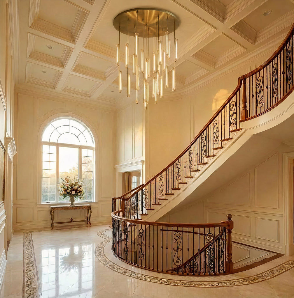 Inspired Audubon Style Crystal Round Chandelier 56.5" - Lacquered Burnished Brass in Elegant Room