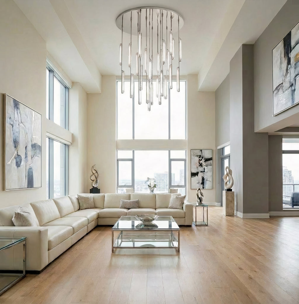Inspired Audubon Style Crystal Round Chandelier 56.5" - Polished Nickel in Elegant Room Setting