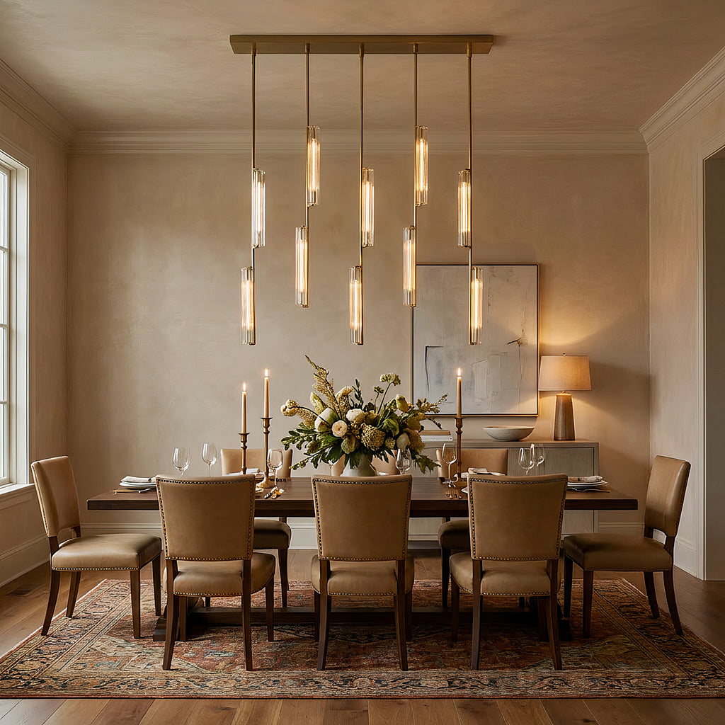 Inspired Audubon Style Crystal Linear Chandelier 54.5" - Lacquered Burnished Brass in Dining Room