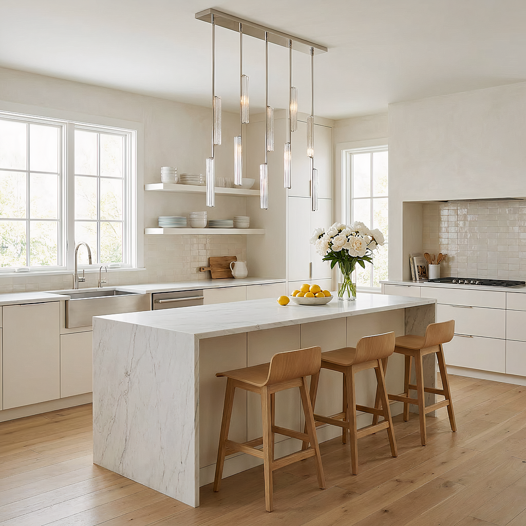 Inspired Audubon Style Crystal Linear Chandelier 54.5" - Polished Nickel in Kitchen