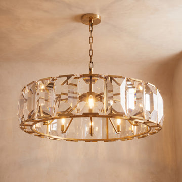 Inspired Harlow Style 43 Inch Round Crystal Prism Chandelier Lacquered Burnished Brass - Main Product View
