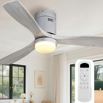 52 inch wood flush mount ceiling fan with dimmable LED light and remote, grey washed blades
