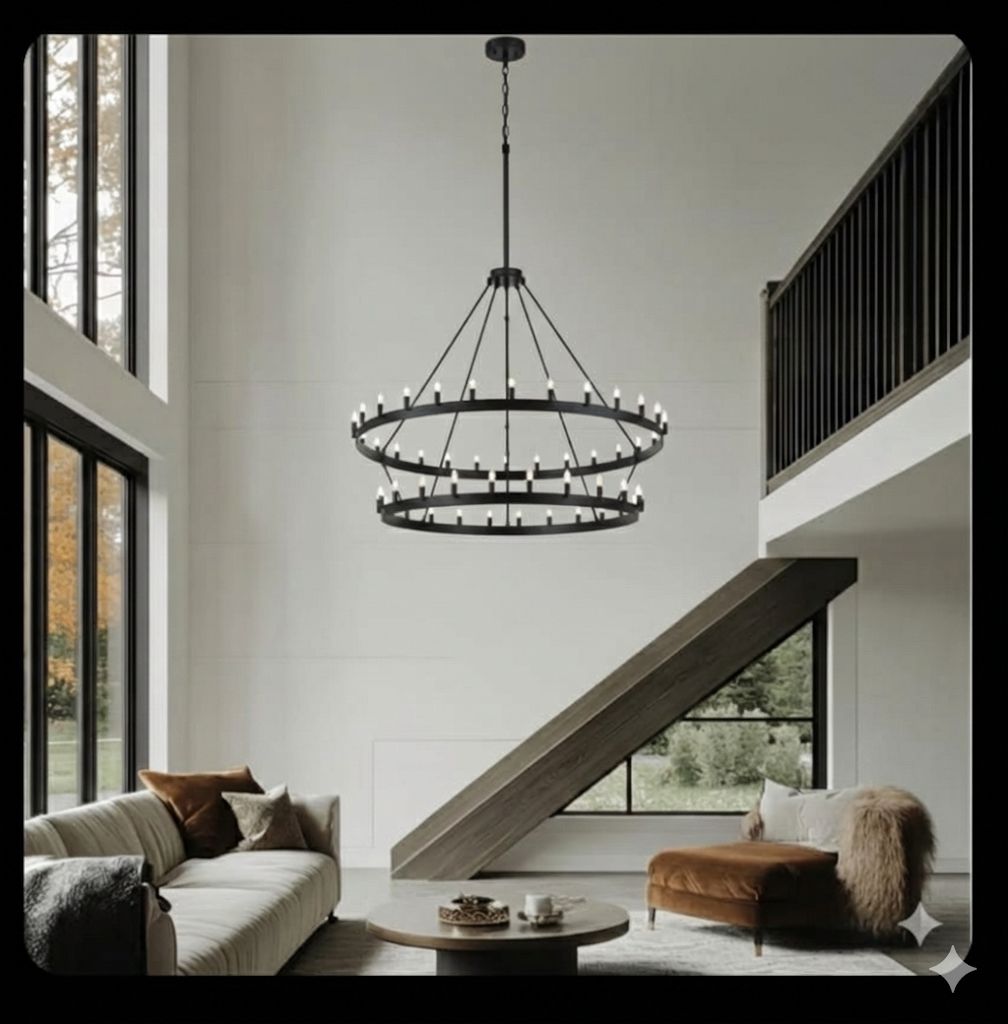 Inspired Camino Style Chandelier - Two Tier Wagon Wheel, Wrought Iron Rustic Industrial Lighting W63" x H60"