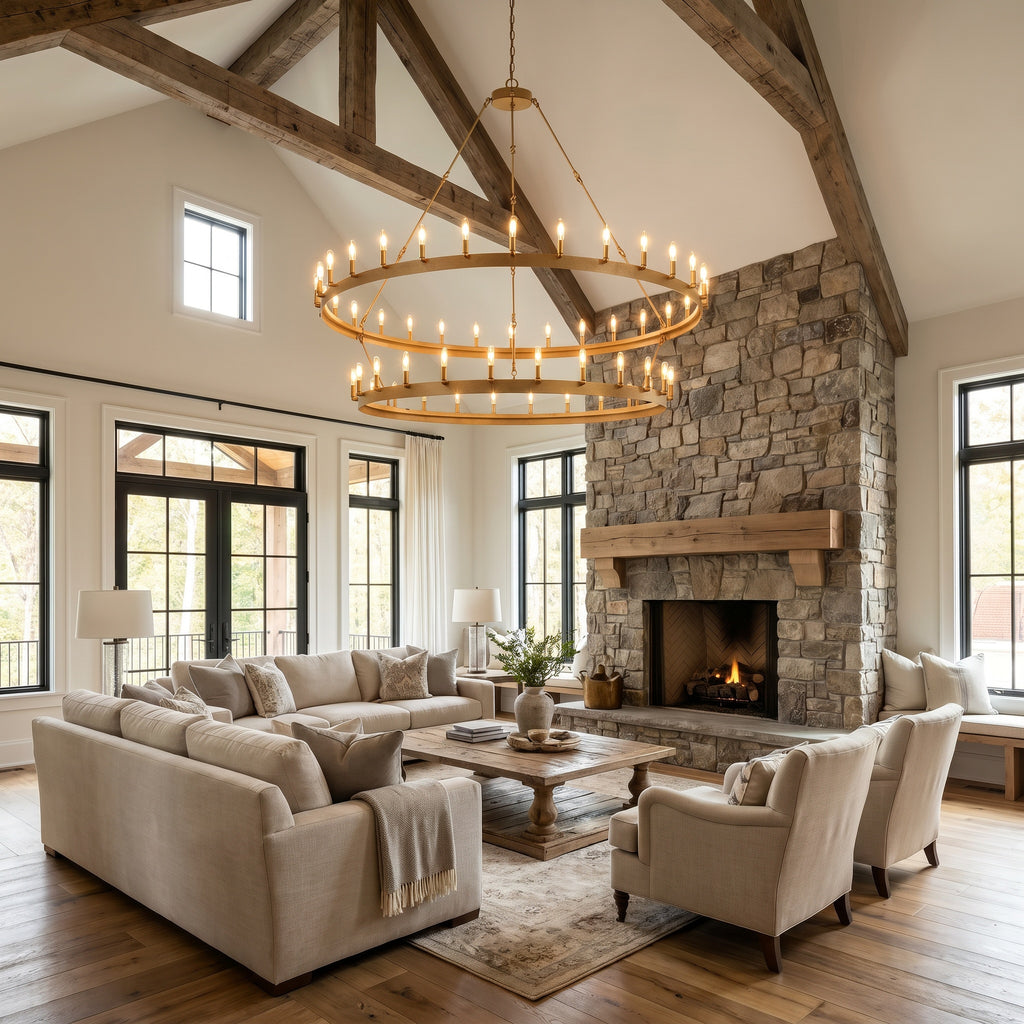 Camino two-tier wagon wheel chandelier hanging proportionally in a vaulted farmhouse great room