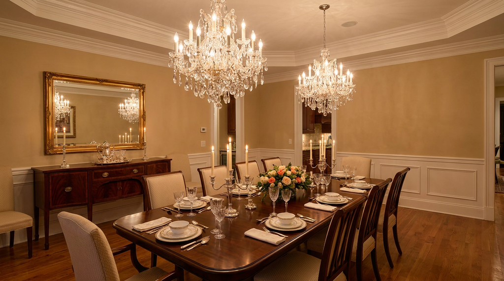 Maria Theresa Crystal Chandelier H30 X W28 - Two Chandeliers Over 9 Foot Dining Table
