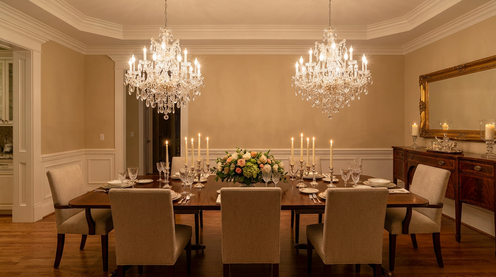Maria Theresa Crystal Chandelier H30 X W28 - Pair Above Long Dining Table in Elegant Dining Room
