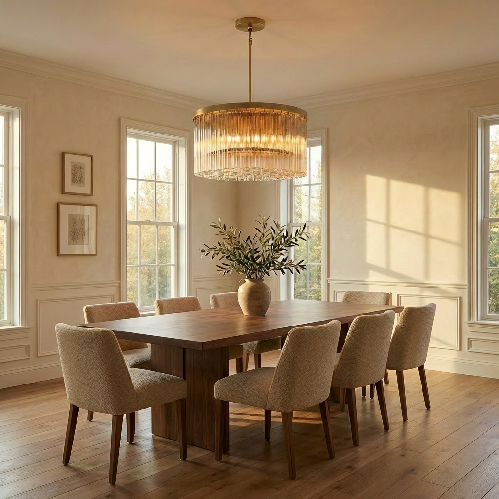 Inspired Cielo Style 36 Inch Round Chandelier Lacquered Burnished Brass Finish - Dining Room Lifestyle