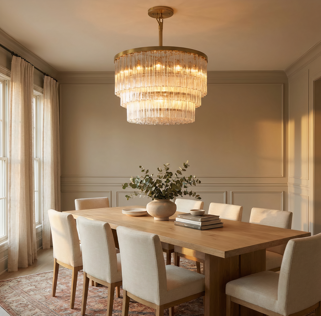 Inspired Cielo Style Three-Tier 48 Inch Round Chandelier Lacquered Burnished Brass Finish - Room Scene