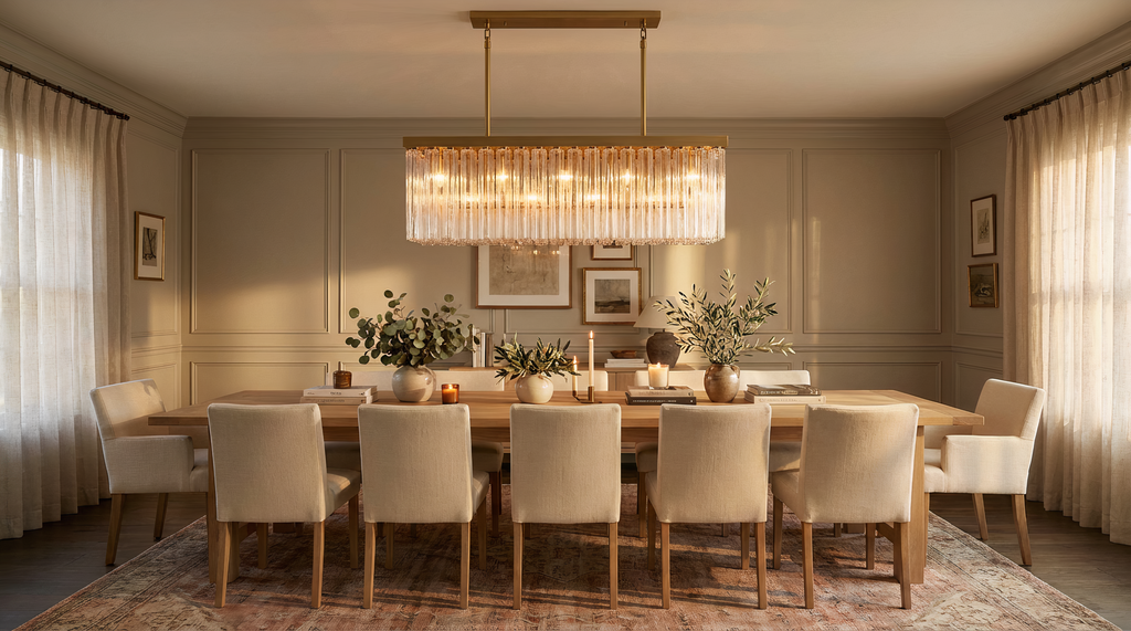 Inspired Cielo Style 54 Inch Rectangular Chandelier Lacquered Burnished Brass Finish - Room Scene