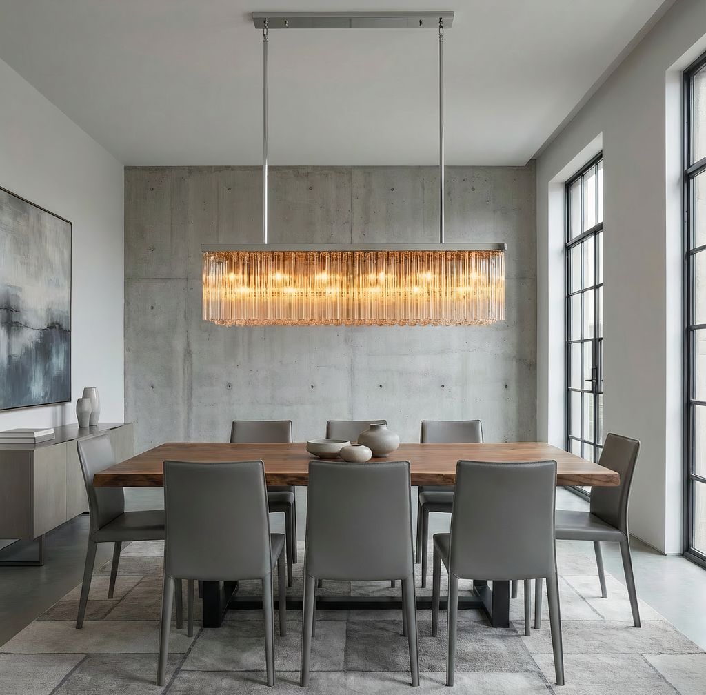 Inspired Cielo Style 73 Inch Rectangular Chandelier Polished Stainless Steel Finish - Room Scene